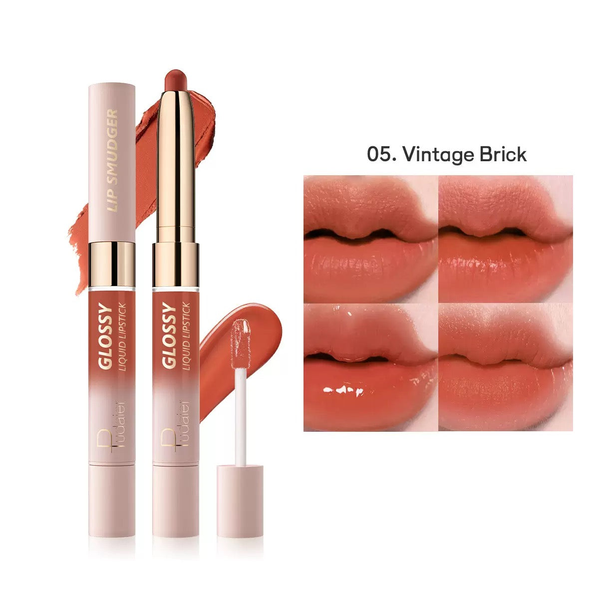 Pudaier Dual-ended Lip Smudger & Glossy Liquid Lipstick 2N1 Color #05 Vintage Brick